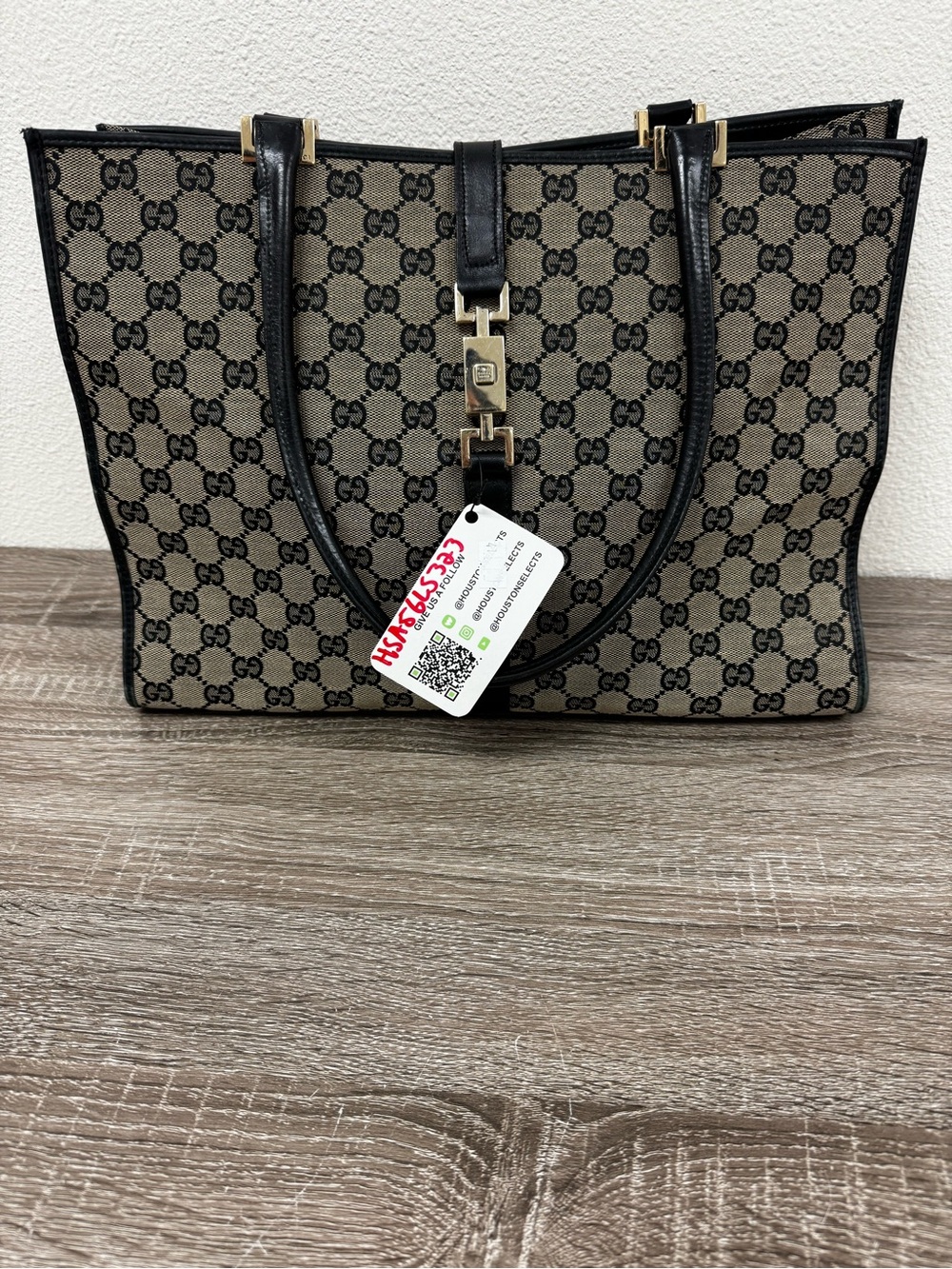 Gucci Black Trim GG Jackie Canvas Tote with Silver Hardware